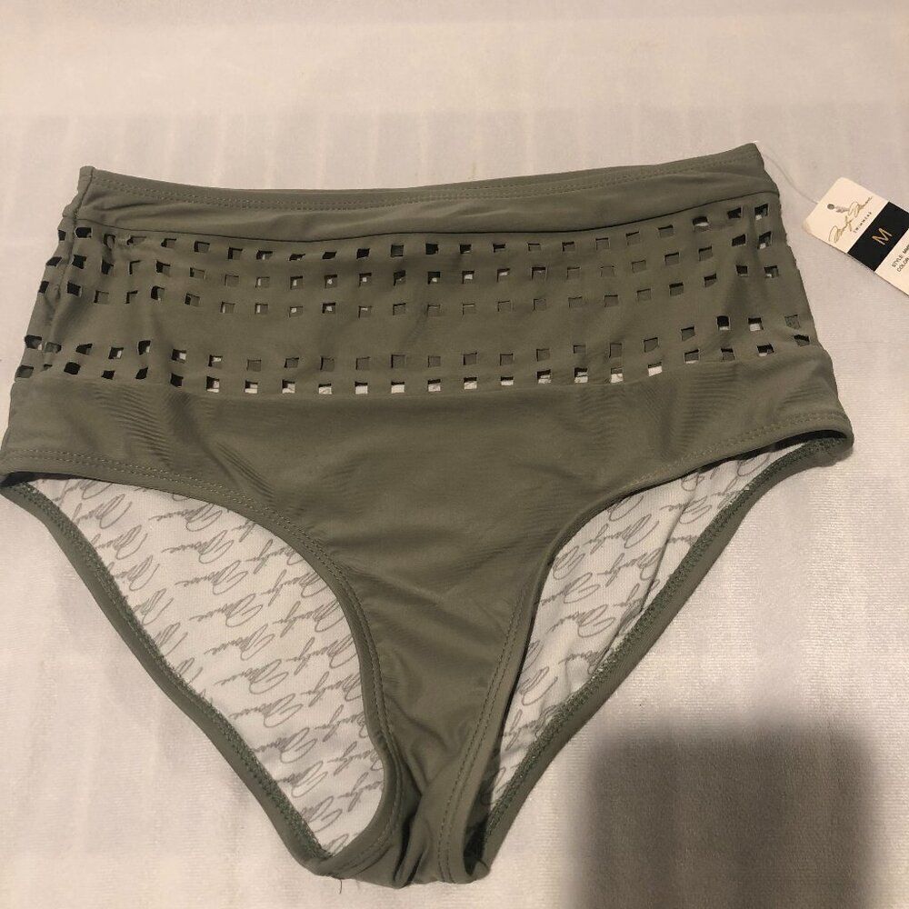 Marilyn Monroe Swimwear High-Waisted cut-out Bikini Bottom ( M) Olive Green NWT